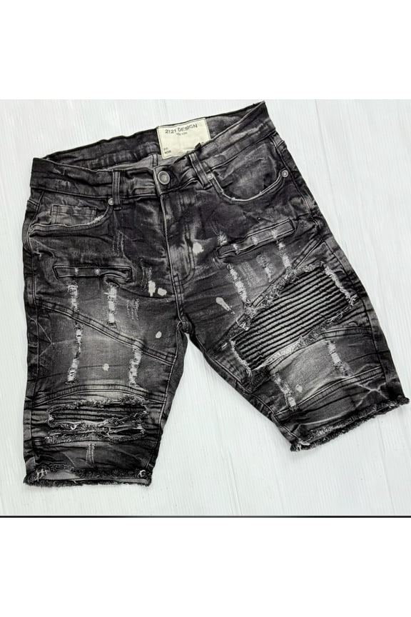 Mens Charcoal Gray Distressed Denim Shorts with Moto Patch  2121 DESIGN NYC