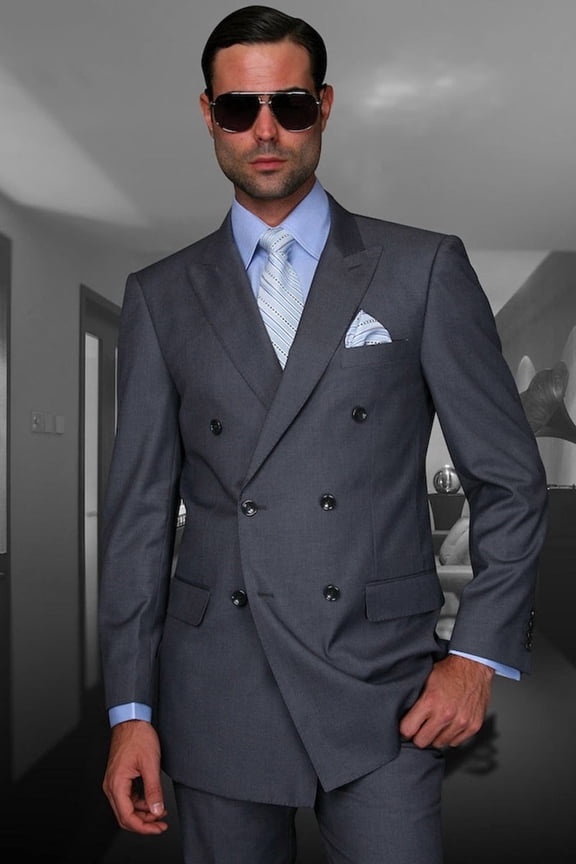Men's Charcoal Wool Double Breasted Suit 44 Long