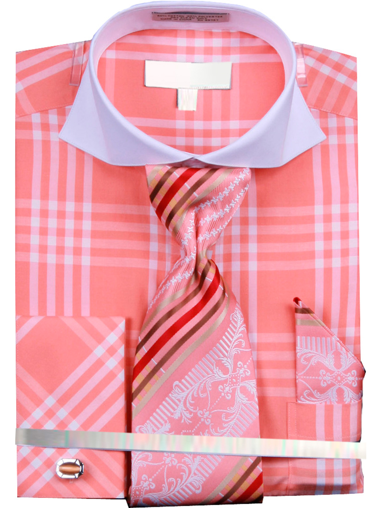 Men's Checker Pattern Two Tone French Cuff Shirts with Cuff Links