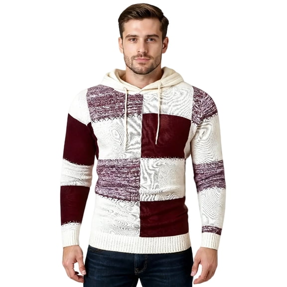 Men's Checkerboard Hooded Sweater Color-Block Hoodie Knit Textured Pullover Casual Retro Streetwear Wine L