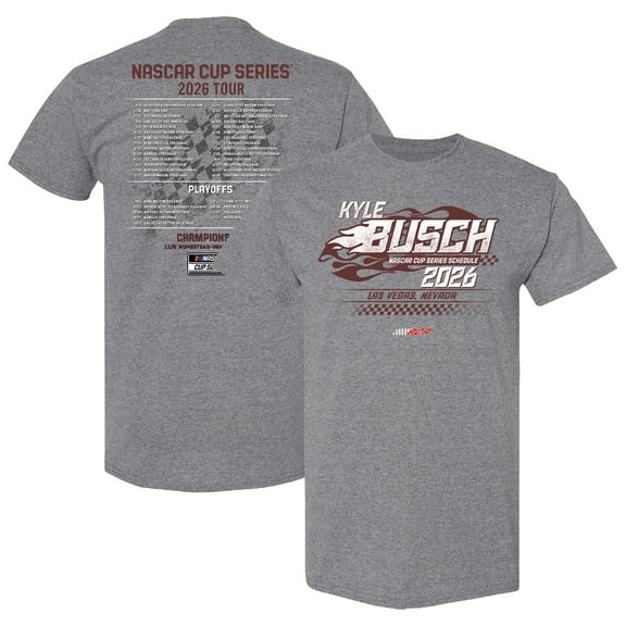 Men's Checkered Flag Sports Heather Charcoal Kyle Busch 2026 NASCAR Schedule T-Shirt