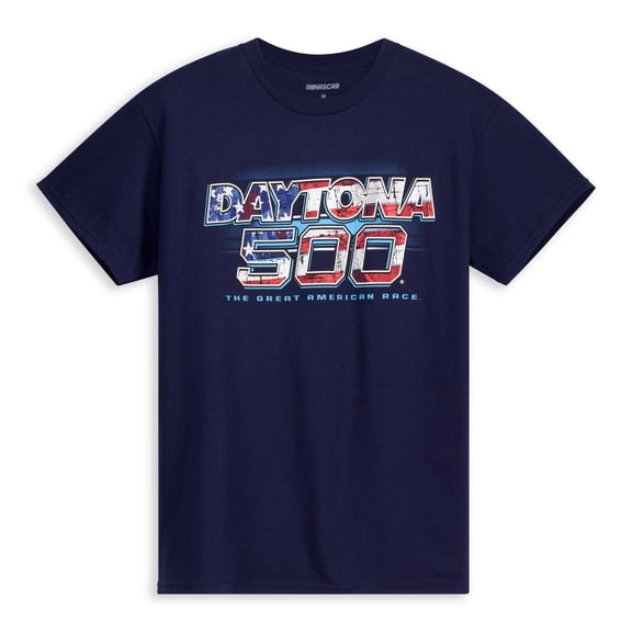Men's Checkered Flag Sports Navy Daytona International Speedway 2026 Daytona 500 American Flag Graphic T-Shirt