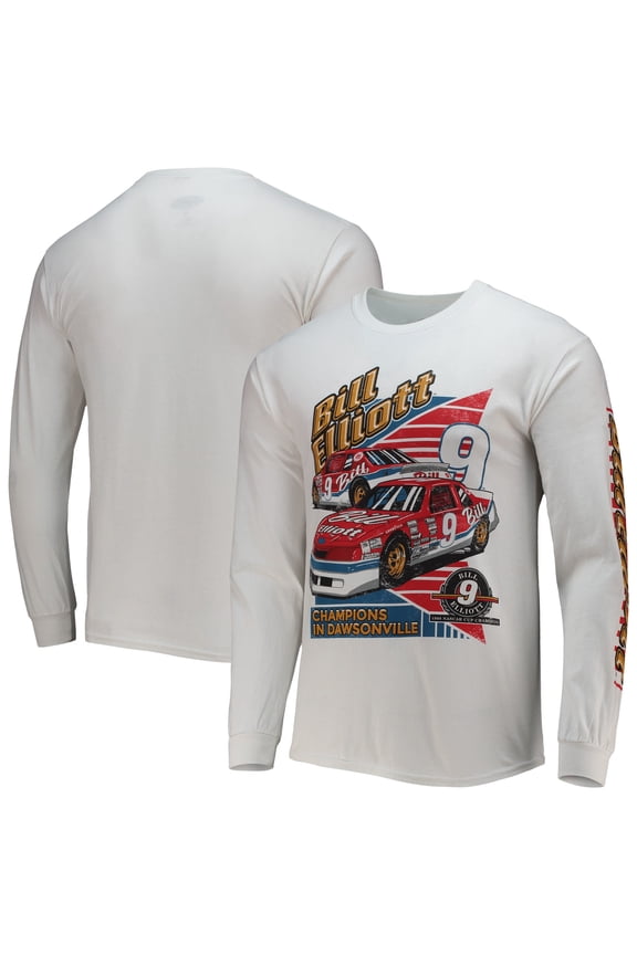 Men's Checkered Flag White Bill Elliott 2-Spot Long Sleeve T-Shirt