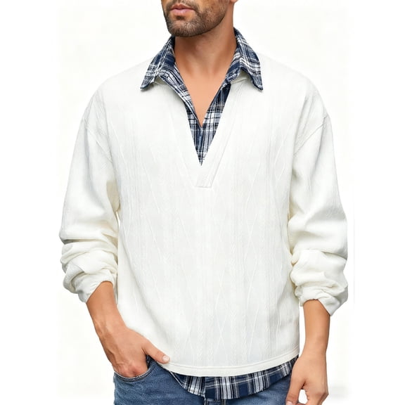 Men's Checkered Patchwork Shirt Long Sleeve Lapel Jacquard Pullover Top White M