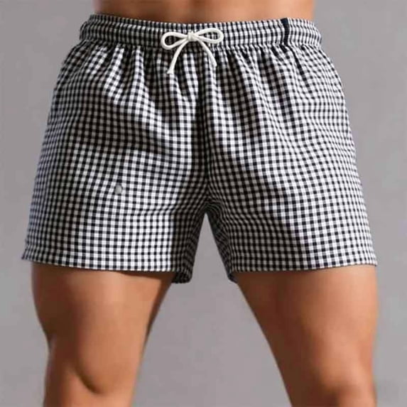 Men's Checkered Plaid Casual Shorts 4" Inseam Summer Beach Lightweight Elastic Waist Drawstring Short Pants Above Knee for Vacation