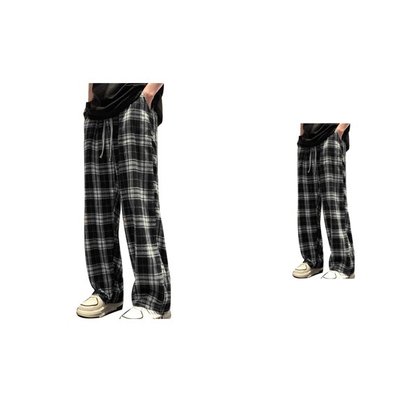 Men's Checkered Plaid Straight Leg Casual Pants – Loose Fit, Elastic Drawstring Waist, Comfortable Business Fashion with Pockets