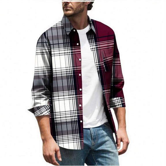 Men's Checkered Print Blouse Casual Basic Lapel Button Down Long Sleeve Shirt Tops with Pocket