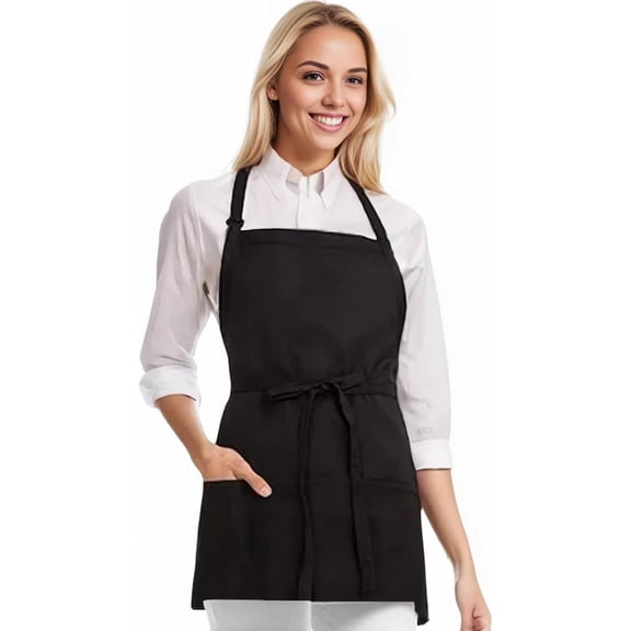 Men's Chef Apron and Women's Server Apron with 3 Pockets, Kitchen Cooking Grilling Black Aprons, Unisex