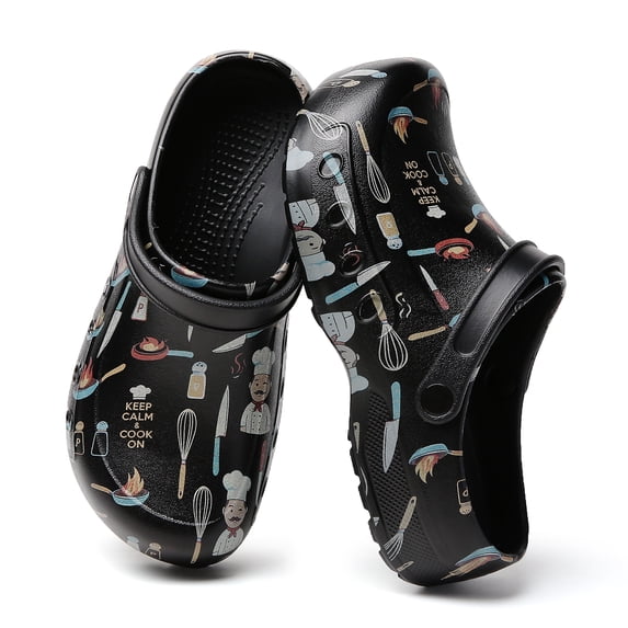 Men’s Chef Clogs with Kitchen Print, Non Slip Waterproof Work Shoes, Lightweight EVA Restaurant Kitchen Nursing Garden Clogs with Adjustable Strap