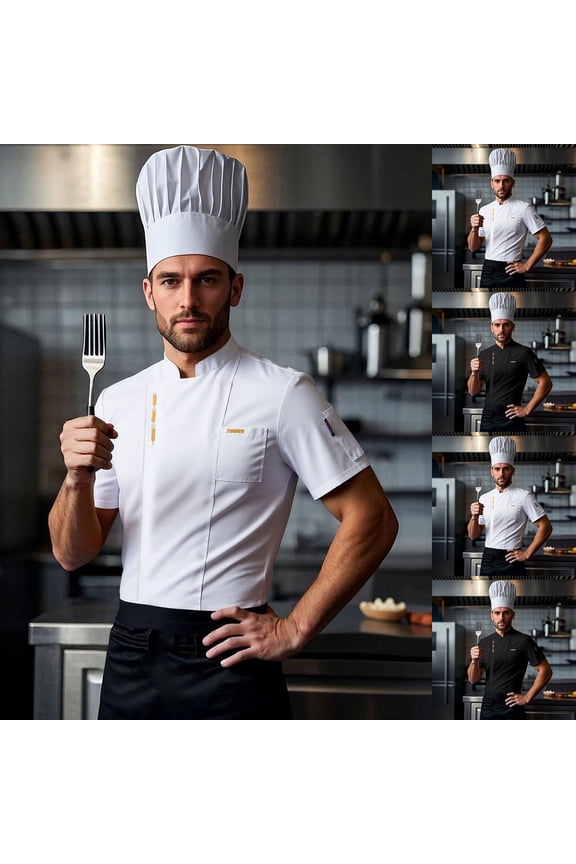Men's Chef Coat Men's Chef Coat Restaurant Kitchen Chef Uniform Men's Short Sleeve Chef Cardigan Workwear Top with Embroidery for Kitchen and Casual Use,White,XL