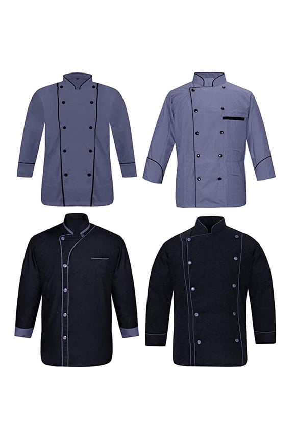 Men’s Chef Coat Set (4 Pieces), Black with Gray Double-Breasted Kitchen Uniform Jackets,
