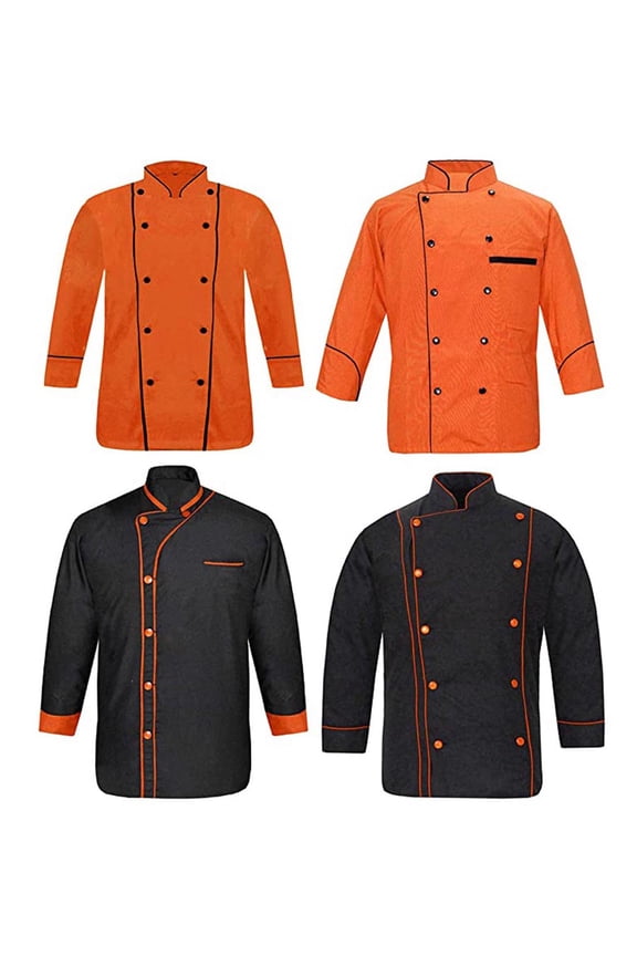 Men’s Chef Coat Set (4 Pieces), Black with Orange Double-Breasted Kitchen Uniform Jackets,