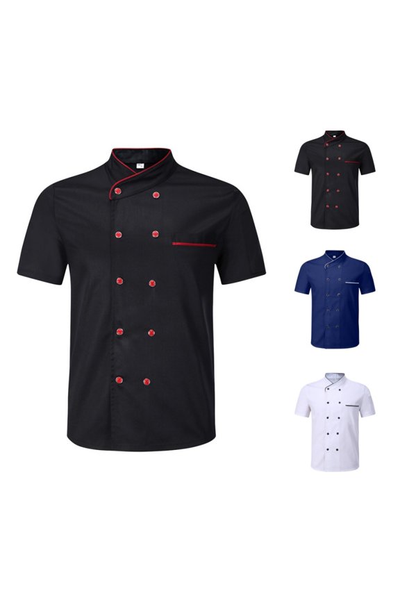 Unisex Chef Coat Uniform Mens Short Sleeve Cook Jacket Restaurant Kitchen Breathable Working Uniform Casual comfort Clothes Black XXL