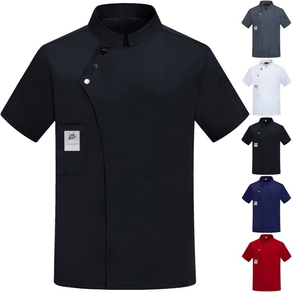 Men's Chef Coat Uniform Short Sleeve Cook Jacket Restaurant Kitchen Work Breathable Clothes Black L