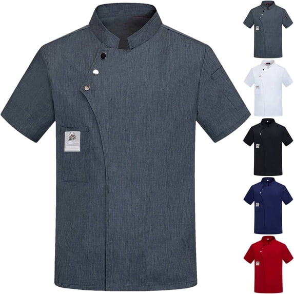 Men's Chef Coat Uniform Short Sleeve Cook Jacket Restaurant Kitchen Work Breathable Clothes Gray 3XL