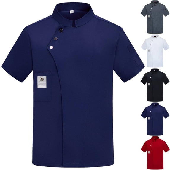 Men's Chef Coat Uniform Short Sleeve Cook Jacket Restaurant Kitchen Work Breathable Clothes Navy 3XL