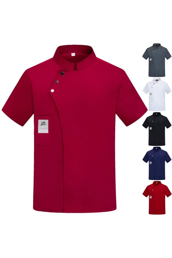 Men's Chef Coat Uniform Short Sleeve Cook Jacket Restaurant Kitchen Work Breathable Clothes Wine M