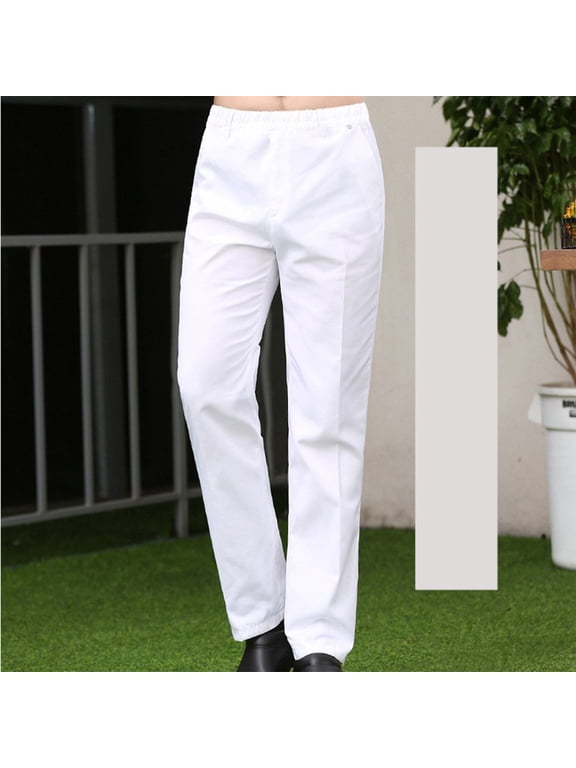Men's Chef Pants Button Elastic Waist Baggy Cook Pants Restaurant Kitchen Food Service Work Uniform Trousers with Pocket, L