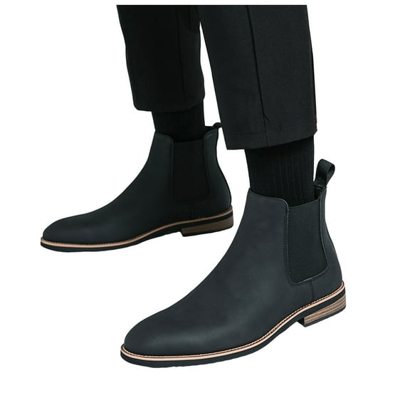 Men's Chelsea Boots Fashion Leather Pointed Toe Winter Fall Elastic Slip on Mid Calf Short Ankle Booties