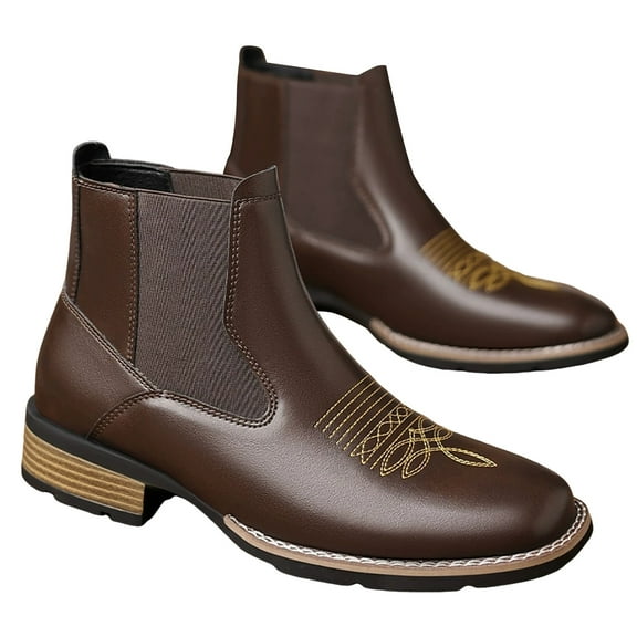 Men's Chelsea Boots Western Cowboy Ankle Booties Square Toe Casual Dress Slip on Work Oxford Leather Shoes