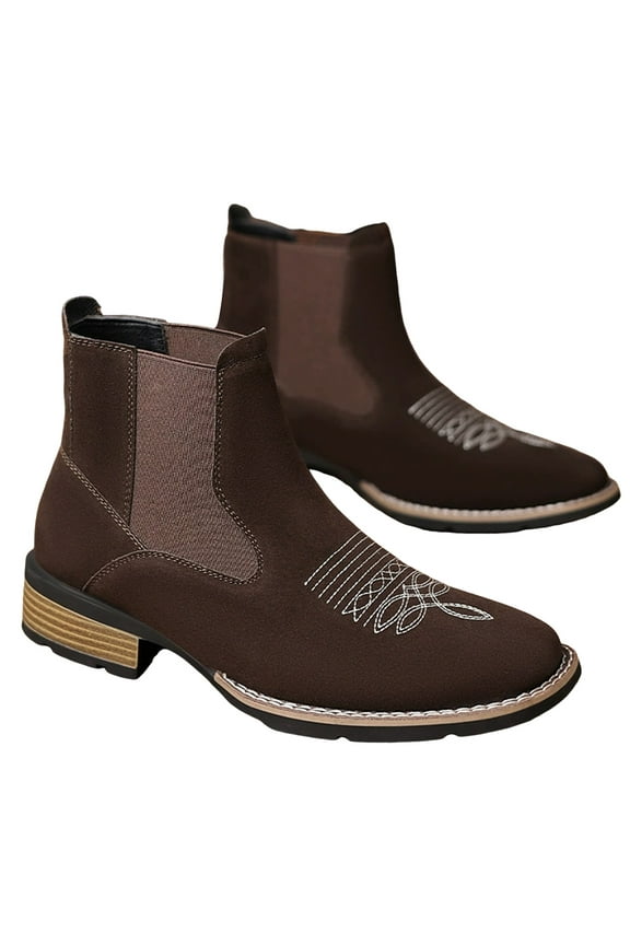 Men's Chelsea Boots Western Cowboy Ankle Booties Square Toe Casual Dress Slip on Work Oxford Leather Shoes
