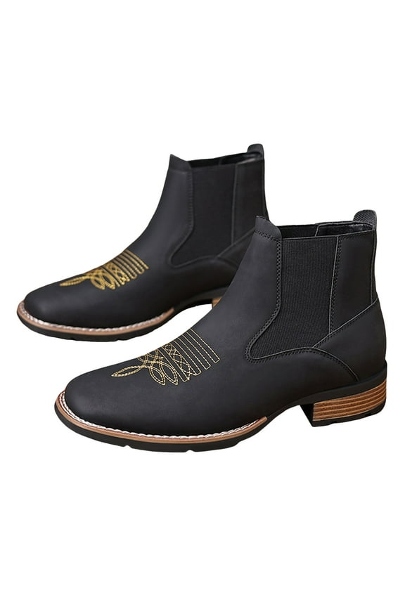 Men's Chelsea Boots Western Cowboy Ankle Booties Square Toe Casual Dress Slip on Work Oxford Leather Shoes