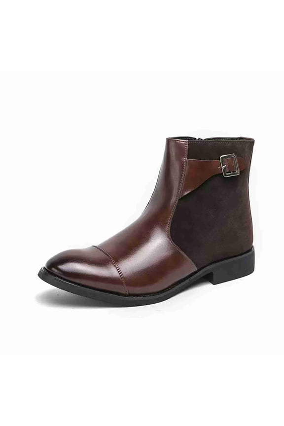 Men's Chelsea Boots with Side Zipper, Pointed Toe Dress Boots with Adjustable Buckle Strap, Casual & Formal Leather Booties