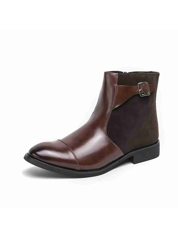 Men's Chelsea Boots with Side Zipper, Pointed Toe Dress Boots with Adjustable Buckle Strap, Casual & Formal Leather Booties