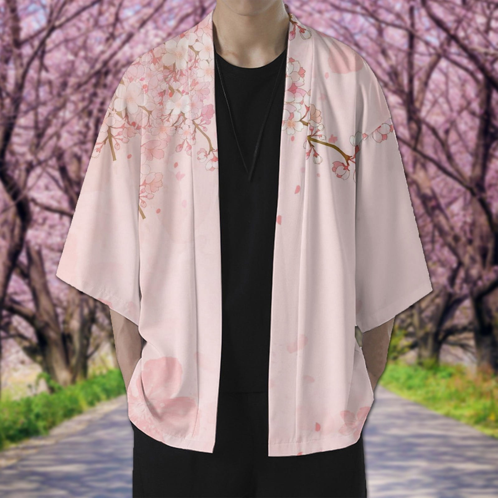 Men's Cherry Blossom Print Cardigan – Semi-Long Sleeve Open Front