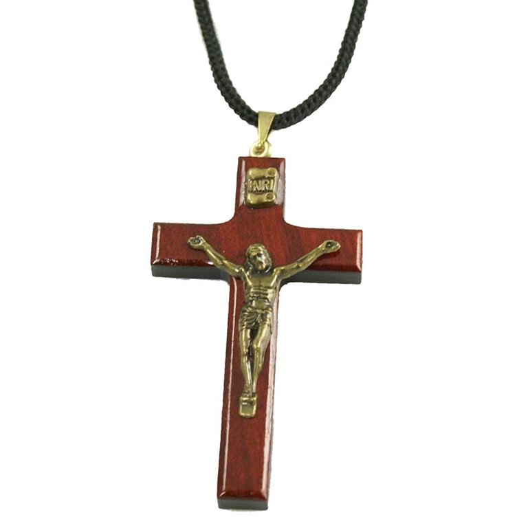 Men's Sawo Wood Cross Pendant Necklace with Cotton Cord, 'Natural Blessing