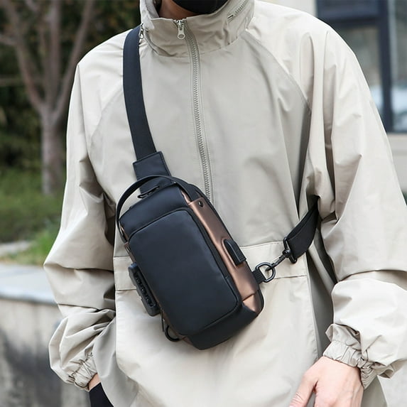 Men's Chest Bag with USB Charging Port, Anti-Theft Sling Bag with Multiple Compartments, Waterproof Crossbody Bag for Travel, Lightweight Polyester Material, Blue and Gray Color Options