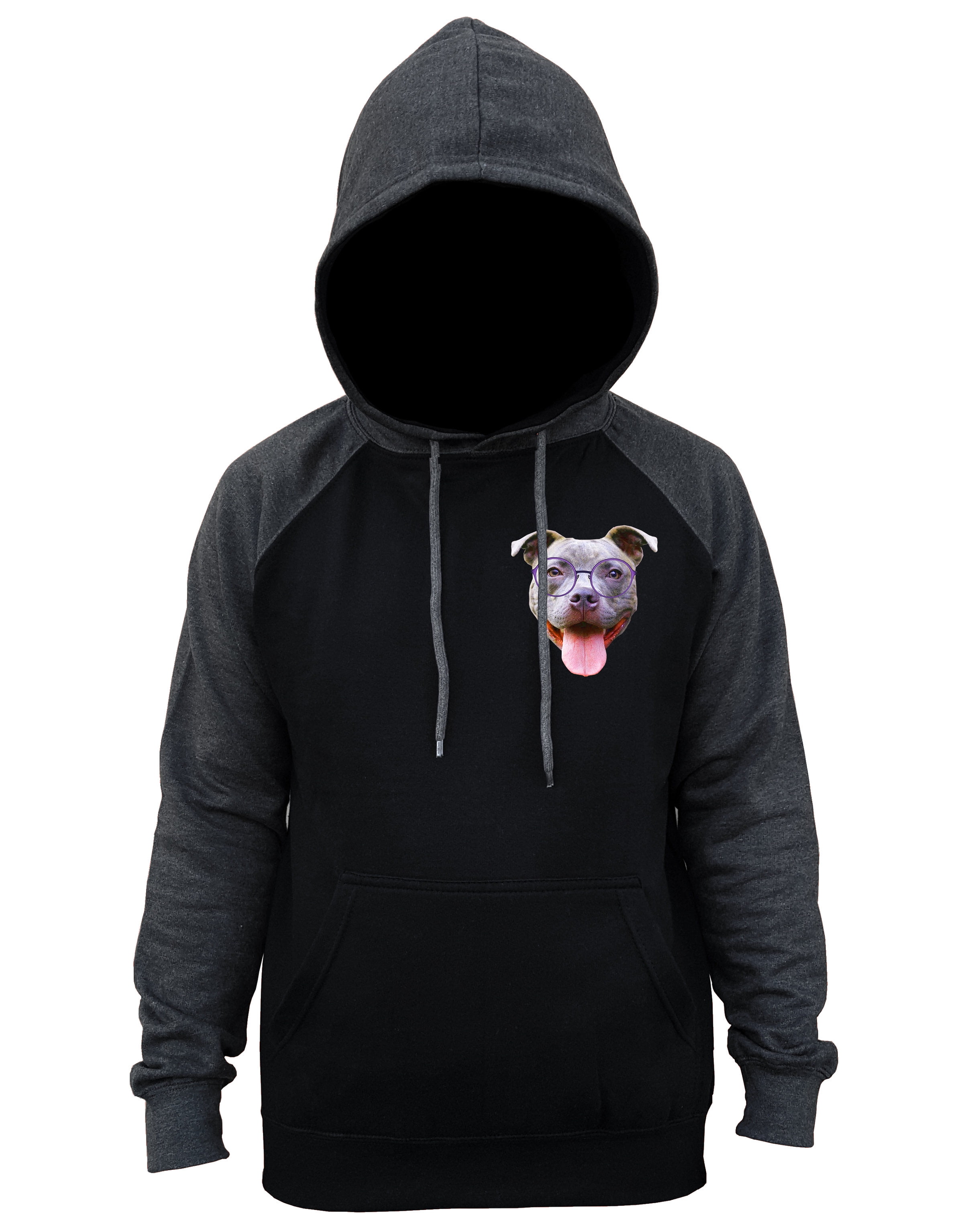 Men's Chest Nerdy Pitbull Black/Charcoal Raglan Baseball Hoodie Sweater 2X-Large Black