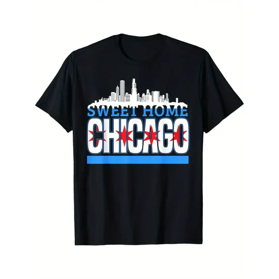 Men's Chicago Skyline Graphic Tee - Sweet Home Chicago T-Shirt with Cityscape Design, Black with Blue & Red Accents - Heavyweight 100% Cotton Shirt for Illinois Visitors