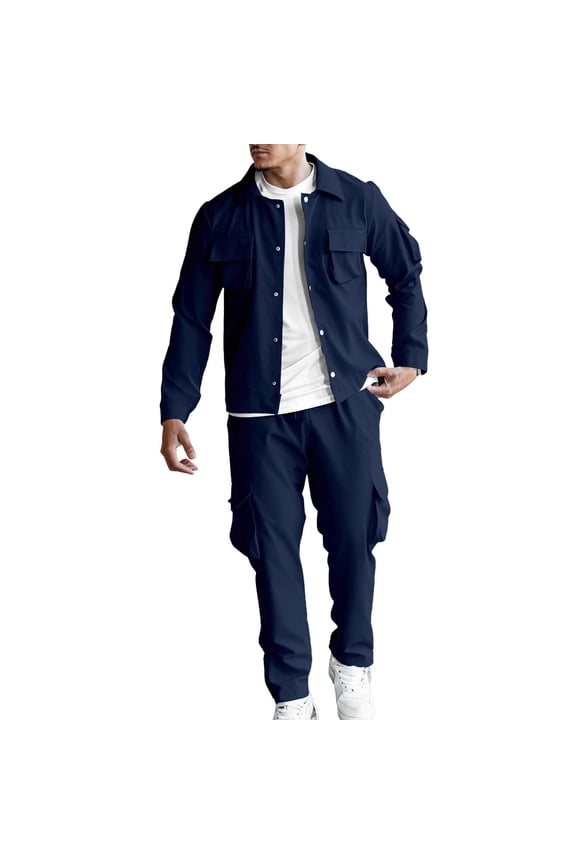 Men's Chino Cargo 2-Piece Tracksuit, Long Sleeve Button Down Lapel Jacket & Elastic Drawstring Pocket Casual Pants Set,Navy,S