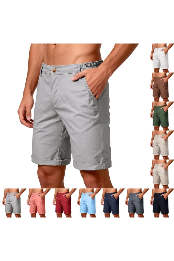 Men's Chino Shorts, Slim Fit, Straight Leg, Zippered Front, Button Closure, 2 Side Pockets Green L