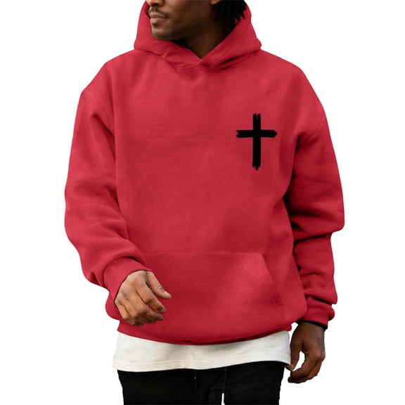 Men's Christ Cross Pullover Hoodie Inspirational Graphic Long Sleeve Sweatshirt, Religious Design with Cross Print, Comfortable Fabric for Casual Wear, Ideal for Gift and Everyday Use,Red,L