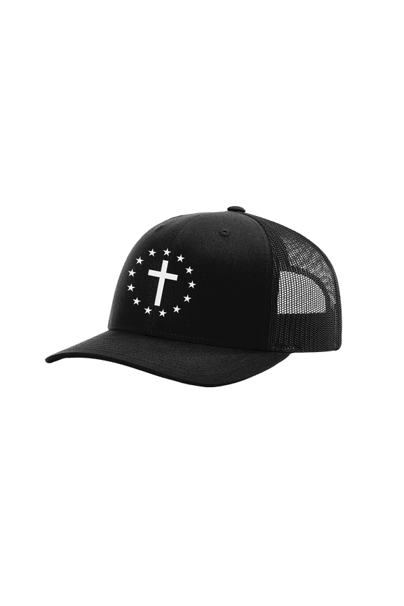 Men's Christian Cross Patriotic 13 Stars Betsy Ross American Flag Embroidered Mesh Back Trucker Hat, Black/Black