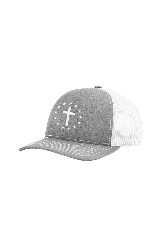 Men's Christian Cross Patriotic 13 Stars Betsy Ross American Flag Embroidered Mesh Back Trucker Hat, Heather Grey/White