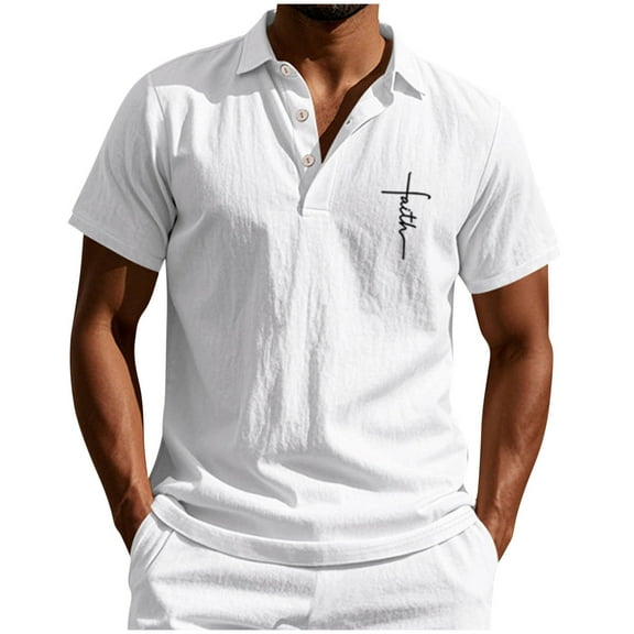 Men's Christian Cross Print Polo Shirts Casual Button V-Neck Short Sleeve Golf Shirt Quick-Dry Summer Beach Tops