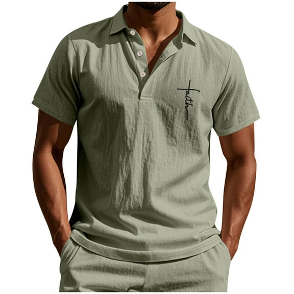 Men's Christian Cross Print Polo Shirts Casual Button V-Neck Short Sleeve Golf Shirt Quick-Dry Summer Beach Tops