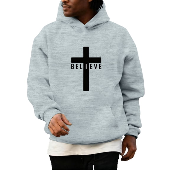 Men's Christian Cross Pullover Hoodie - Inspirational Graphic Long Sleeve Sweatshirt with "Believe It's Never Luck" Slogan - Light Gray - Size M