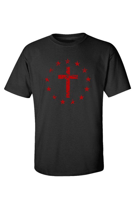 Men's Christian Cross Surrounded By Patriotic Betsy Ross Flag 13 Stars Short Sleeve T-shirt-Black-xl