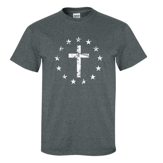 Men's Christian Cross Surrounded By Patriotic Betsy Ross Flag 13 Stars Short Sleeve T-shirt-Heather Grey-medium
