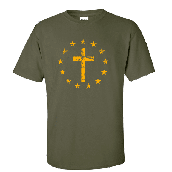 Men's Christian Cross Surrounded By Patriotic Betsy Ross Flag 13 Stars Short Sleeve T-shirt-Military-small
