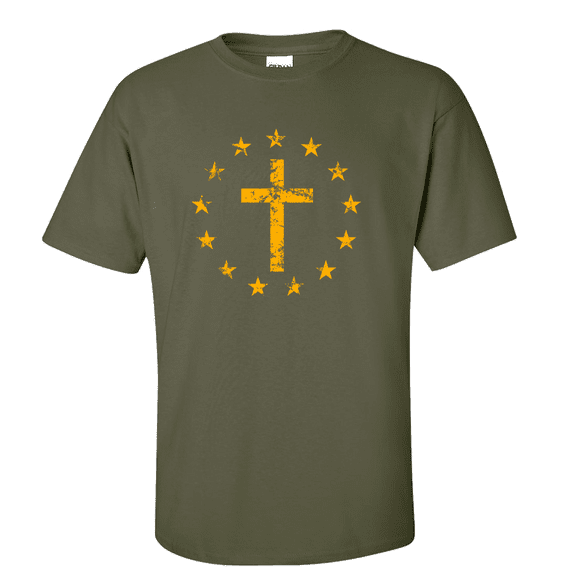Men's Christian Cross Surrounded By Patriotic Betsy Ross Flag 13 Stars Short Sleeve T-shirt-Military-xxxl