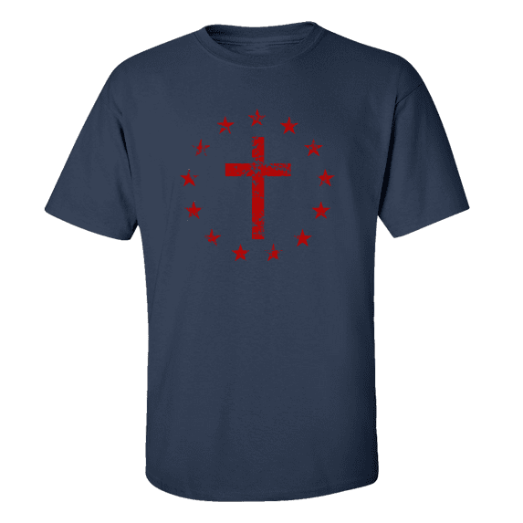 Men's Christian Cross Surrounded By Patriotic Betsy Ross Flag 13 Stars Short Sleeve T-shirt-Navy-large