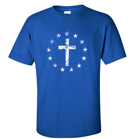 Men's Christian Cross Surrounded By Patriotic Betsy Ross Flag 13 Stars Short Sleeve T-shirt-Royal-large