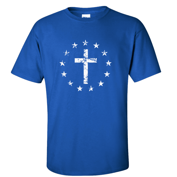 Men's Christian Cross Surrounded By Patriotic Betsy Ross Flag 13 Stars Short Sleeve T-shirt-Royal-small
