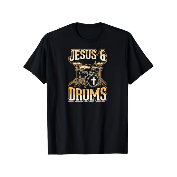 Men's Christian Drummer & Drum Band T-Shirt - Black with Golden Lettering - Cotton Music Ministry Shirt for Church Drummers, Drummers Gift, Retro Round Neck Short Sleeve Tee Size S