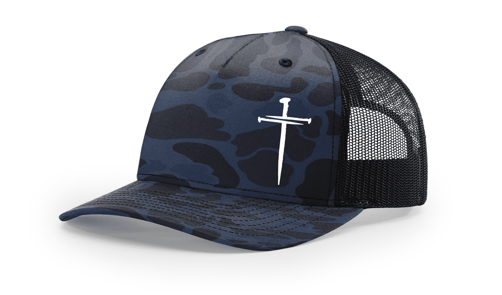 Men's Christian Faith Cross Nails Embroidered Mesh Back Trucker Hat, Admiral/Black